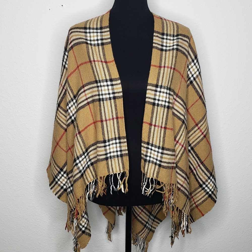 V. FRAAS Womens Exploded Plaid Ruana Wrap Poncho One Size Fringe Nova Check